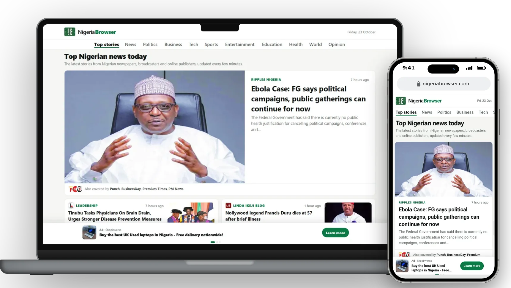 NigeriaBrowser homepage on a laptop and a phone